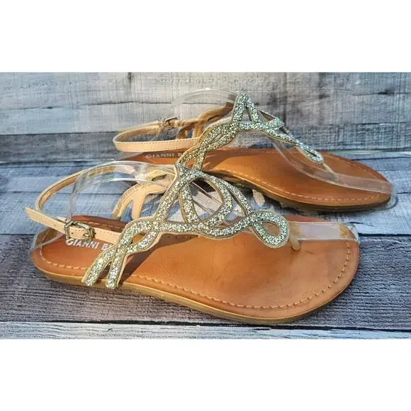 GIANNI BINI Iridescent / Gold Rhinestone Sparkle Sandals Flats Shoes Women's 9 - Picture 1 of 5